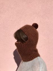 Merino wool knitted balaclava with pom pom