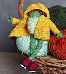 Crochet amigurumi frog with raincoat and rainboots , frog toy , soft animal toy