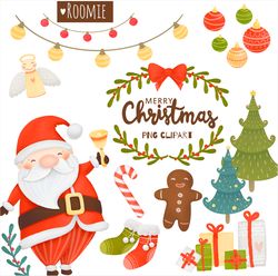 Merry Christmas clipart png, Santa sublimation Designs, Winter Holidays New year png Watercolor Printable shirts cards