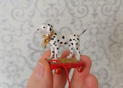 dolmatian on a cart. doll toy. dollhouse miniature.1:12 scale.