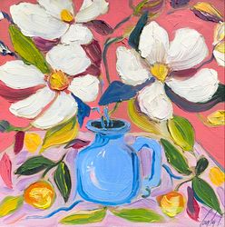 Flowers painting Oil Magnolias painting Fauvism art Matisse inspired Flowers bouquet Magnolia in a blue vase Decor art