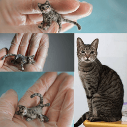 Striped cat so very mobile. Realistic pet portrait. Miniature Cat figurine