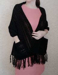 Black knitted scarf with pockets, crochet pocket shawl, hand knit scarf, lace scarf