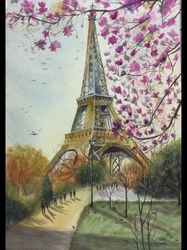 Original watercolor painting by Handkub Art, Paris Eiffel Tower
