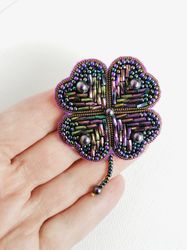 Purple four-leaf clover beaded brooch