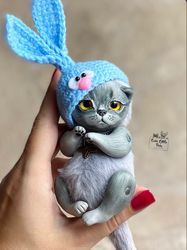 Kitten doll tiny cat, gray realistic miniature toy collectible dolls handmade funny bunny gift, in a hat