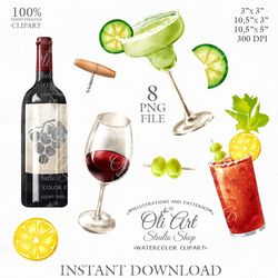 Alcohol drinks clipart, wine and martini glasses and bottles png illustrations. Digital Download. OliArtStudioShopL