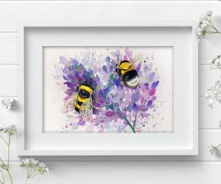 Watercolor new original bumblebee painting wall decor bees by Anne Gorywine