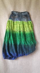 Denim womens blue skirt in recycled jeans and boho style. Jeans combined with new Indian skirt in thin cambric with pais