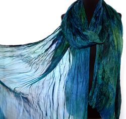 extra long scarf natural silk handdyed blue green color handmade multicolor ruffle silk shawl wrap woman gift mom wife