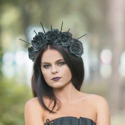 Black flower woman adult headdress Gothic halo crown Dark goddess headpiece Black wedding bridal tiara Halloween tiara