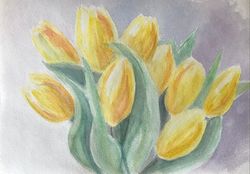 Yellow tulips painting flowers original artwork watercolour painting wall art hand painted