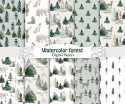 Watercolor forest paper, watercolor pine, seamless patterns.
