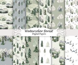 Watercolor forest paper, seamless patterns.