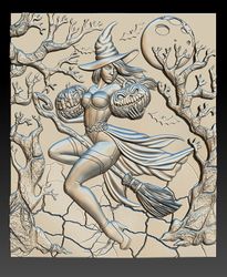 3D STL Model Bas-relief for Halloween Witch with pumpkins for CNC Router and 3D Printer