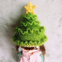 Blythe hat crochet green fluffy Christmas Tree for custom blythe doll christmas clothes blythe accessories cute doll