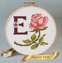 Floral letter E pdf cross stitch Flower monogram alphabet easy embroidery