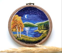 Hand embroidery artwork, embroidery landscape art, thread painting 4"
