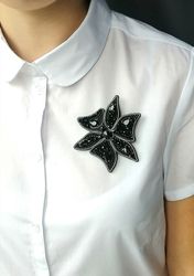 Asymmetric black flower beaded crystal brooch for women
