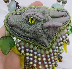 Dragon eye pendant beadwork necklace, Green  embroidered pendant, beaded jewelry, polymer pendant, green jewelry