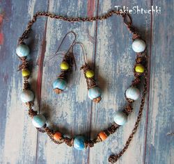 CANDY set earrings and necklace with glass beads and tangled chain. Copper fittings. boho style, vintage, business, ever