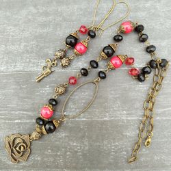 Gothic asymmetric set LOVE & BLOOD. earrings and necklace bronze alloy with Red Coral, Black agat and glass. boho styles