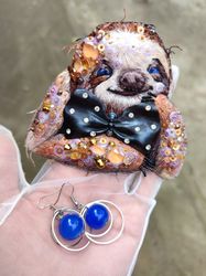 Embroidery brooch or pendant Mocha sloth, with vintage elements