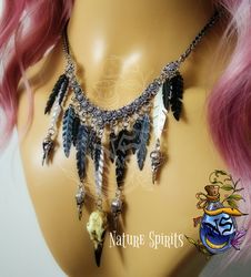 Raven Crow Bird Skull Black Feathers Victorian Necklace Shaman Totem Gothic Witch Boho Forest Alternative Witchy Things