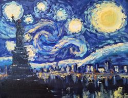 New York Cityscape Starry Night Painting Van Gogh Oil Original Artwork Liberty Statue Painting by Nadia Hope