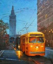 San Francisco Cityscape Trolley Bus Painting  Oil Original Artwork Night City  Painting by Nadia Hope