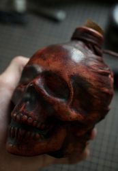 Leather Bottle Skull, Glass bottle, leather craft horror, Biker style, Halloween gift