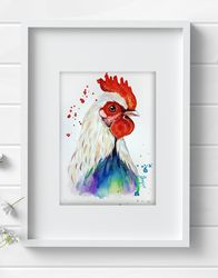 Original watercolor rooster painting 8x11 inches bird wall decor art by Anne Gorywine