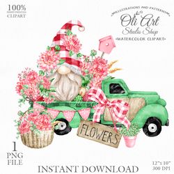 Flowers Truck, Gnome Clipart. Dahlias. Hand Drawn Graphics, Instant Download. Digital Download. OliArtStudioShop