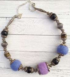 light elegant necklace with felt and glass beads, in boho styles accessories vintage style, everyday designer jewelry,