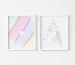 Unicorn and heart, Unicorn art prints, Nursery wall art, Cute unicorn prints, Set of 2 nursery prints, Digital prints