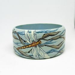 Hand-painted wooden bangle with dragonflies
