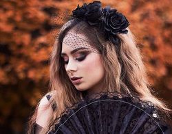 Gothic wedding halo crown Lolita headpiece steampunk headdress Black rose veil birdcage Halloween Mardi Gras