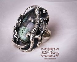 Silver handmade  ring  with natural landscape green moss agate salamander