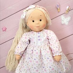 Waldorf doll as a Christmas gift for a girl, handmade soft textile doll, height 14.5 inches / 38 cm