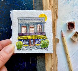 Japanese house painting Original art Mini watercolor Miniature wall art 3x3 inch by Rubinova