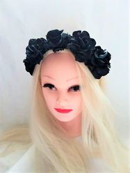 Black floral headpiece, Black rose headband, Black flower crown, Black rose halo crown, Gothic wedding flower headpiece