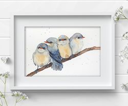 Original watercolor painting 8x11 inches 4 birds wall decor art by Anne Gorywine