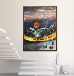 Original watercolor paint night sky moon mountain for decoration by Handkub Art