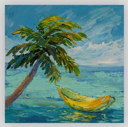 Boat oil Painting Original art Tropical Beach painting Turquoise Ocean art with Yellow Boat Seascape painting 6 by 6 in