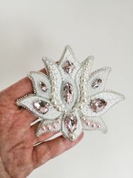 White lotus flower beaded brooch for women, Wedding gift