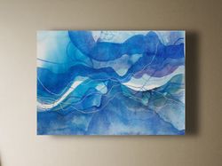 Absract painting original watercolor art  blue waves bright painting