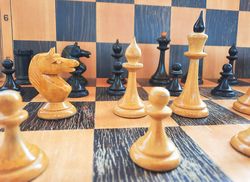Soviet 1950s vintage wooden chessmen set, Old Russian chess pieces wood