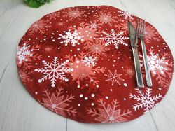 Red christmas placemats set of 6,4or2, round placemats washable, placemat water-repellent coating, winter place mat