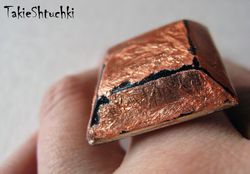 architect minimalistic ring, chunky gold ring from polymer clay, Boho style vintage, ethnic jewelry, copper potal square