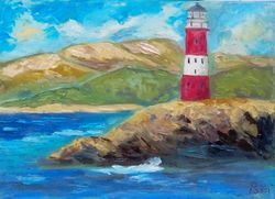 Seascape Painting Lighthouse Artwork Landscape Wall Art Original Oil Painting Impasto Seascape Size 12 by 16 inches